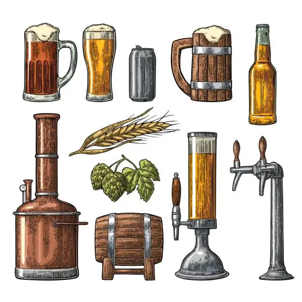 Vector illustration of Beer set with tap, class, can, bottle, tanks brewery factory.