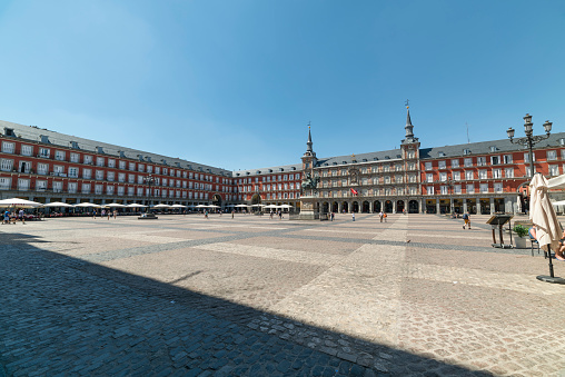 Madrid, Spain - July 17, 2016: Madrid (Spain): the historic Plaza Mayor in a summer afternonn