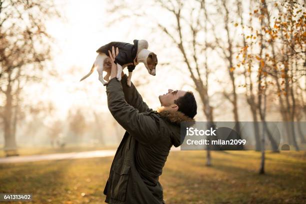 Young Man Holding His Jack Russell Puppy Towards The Sun Stock Photo - Download Image Now