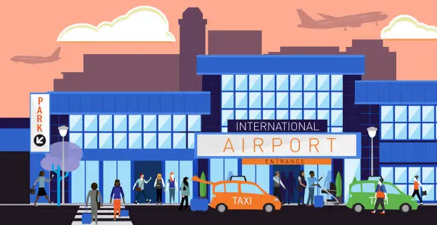 Vector illustration of Busy International Airport scene with diverse people
