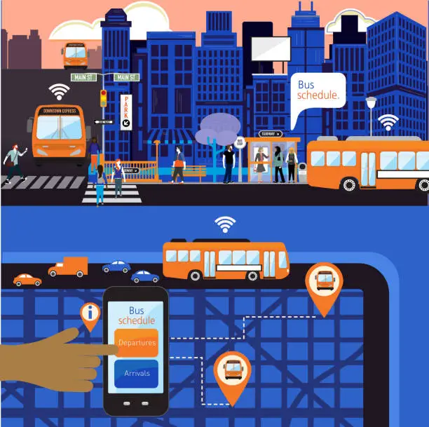 Vector illustration of Busy Cityscape with Bus schedule concept