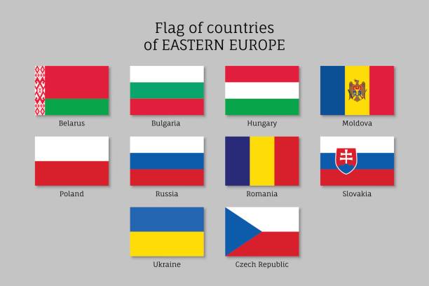 Vector flags of Eastern Europe countries. Set of vector flat flags of Eastern Europe countries. Ensigns on flagpole - symbols of Eastern Europe states on gray background. moldovan flag stock illustrations