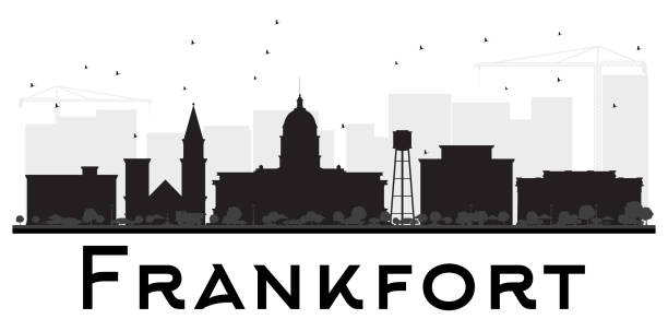 Frankfort City skyline black and white silhouette. Frankfort City skyline black and white silhouette. Simple flat illustration for tourism presentation, banner, placard or web site. Cityscape with landmarks. frankfort kentucky stock illustrations