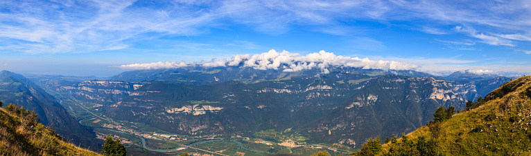 Vallagarina (Lagarina Valley) seen from the Lessinia mountains. This is the most southern part of the valley where the river Adige flows. Italy. (7 shots stitched)