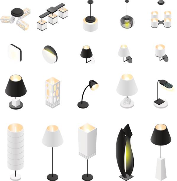 satz von lampen. 3d lampe isoliert auf weißem hintergrund. isometrische lampen, boden, decke, wandleuchten. vektor-illustration. - lamp isolated decor lighting equipment stock-grafiken, -clipart, -cartoons und -symbole