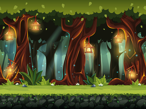 Vector cartoon illustration of the fairy forest for the game UI. . For print, create videos or web graphic design, user interface, card, poster.