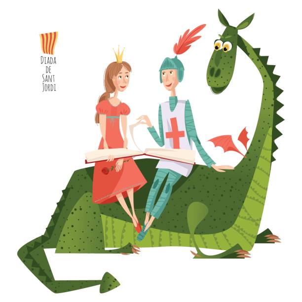 ilustrações de stock, clip art, desenhos animados e ícones de princess and knight read a book sitting on a back of a dragon. diada de sant jordi (the saint george’s day). dia de la rosa (the day of the rose). dia del llibre (the day of the book). traditional festival in catalonia, spain. - dragon fantasy knight warrior