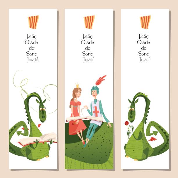 Set of universal bookmarks with princess, knight and dragons. Diada de Sant Jordi (the Saint George’s Day). Congratulations. Template. Set of universal bookmarks with princess, knight and dragons. Diada de Sant Jordi (the Saint George’s Day). Congratulations. Template. Vector illustration fairy rose stock illustrations