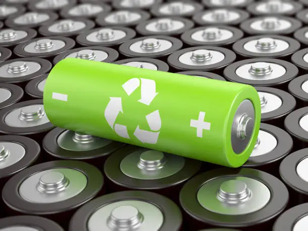 Battery recycling concept. Green battery with recycling symbol, surrounded by other batteries.