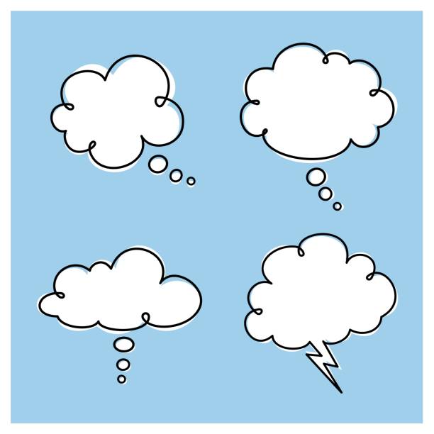 Thought Clouds Four little speech bubbles shaped into cute little clouds with pointers. quotation text illustrations stock illustrations