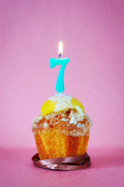 istock Birthday cake with burning candle as number seven 641336740