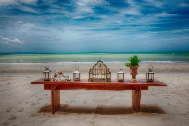 Colorful Mexican pottery and architecture on the beach in Cancun.