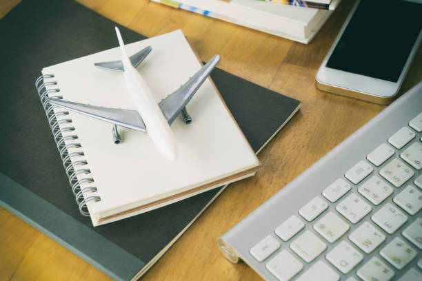 istock Travel blogger writing equipment on office table 641345990