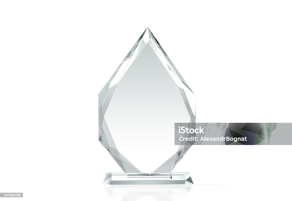 Blank arrow shape glass trophy mockup, 3d rendering Blank arrow shape glass trophy mockup, 3d rendering. Empty acrylic award design mock up. Transparent crystal prize plate template. Premium grand prix prise plaque, isolated on white, front view. Award Stock Photo