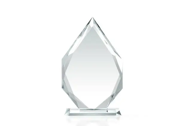 Blank arrow shape glass trophy mockup, 3d rendering. Empty acrylic award design mock up. Transparent crystal prize plate template. Premium grand prix prise plaque, isolated on white, front view.