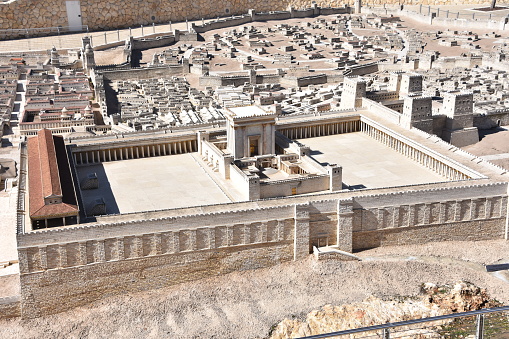 Exterior view of the Second Temple in Ancient Jerusalem, Second Temple. Model of the ancient Jerusalem.Holy of the Holies