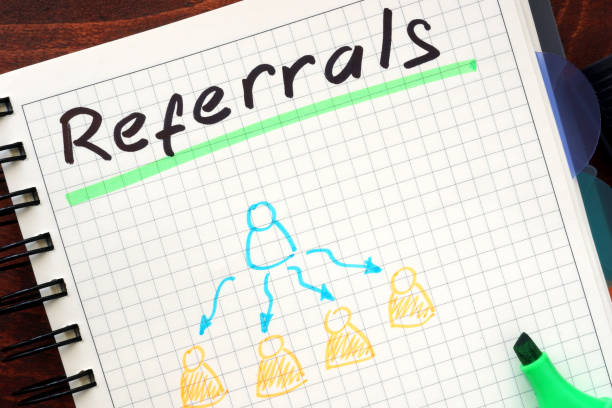 istock Referrals concept  written in a notebook on a wooden table. 641349914