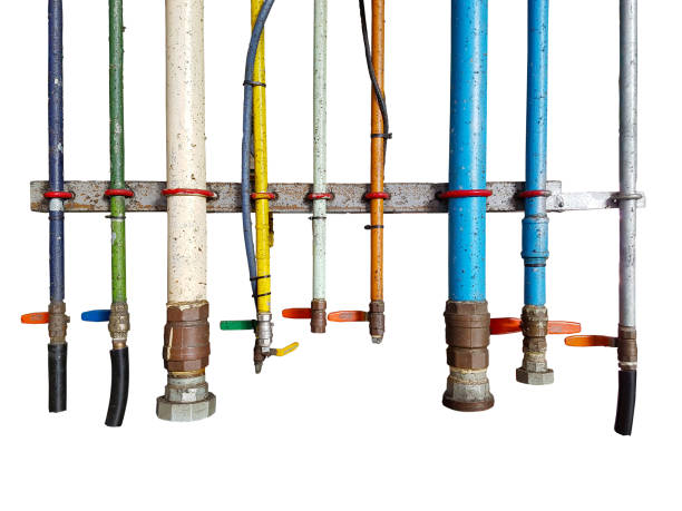 istock colorful dirty and rusty pipe lines in plant, on white backgrounds, isolated 641354208