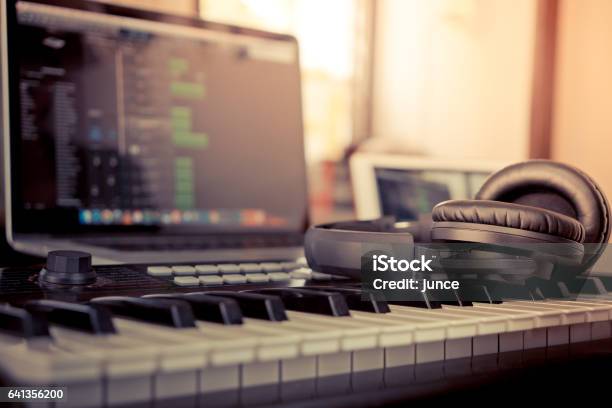 Home Computer Music Making Computer Programming Stock Photo - Download Image Now - Producer, Arts Culture and Entertainment, Audio Equipment