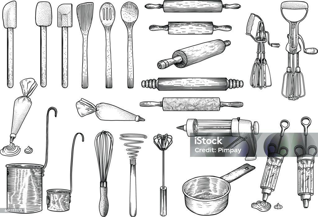 Kitchen, tools illustration, utensil, vector, drawing, engraving, cook, cooking, patisserie, Kitchen set, what made by ink, then it was digitalized. Rolling Pin stock vector