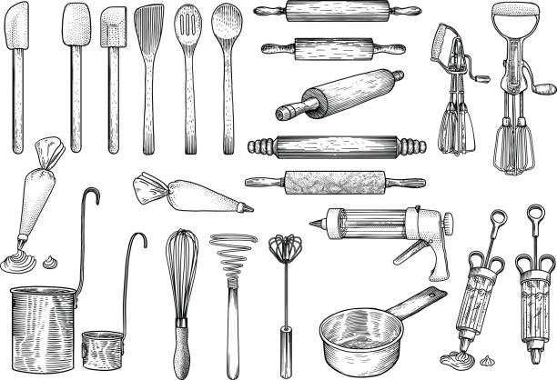 Kitchen, tools illustration, utensil, vector, drawing, engraving, cook, cooking, patisserie, Kitchen set, what made by ink, then it was digitalized. wire whisk stock illustrations