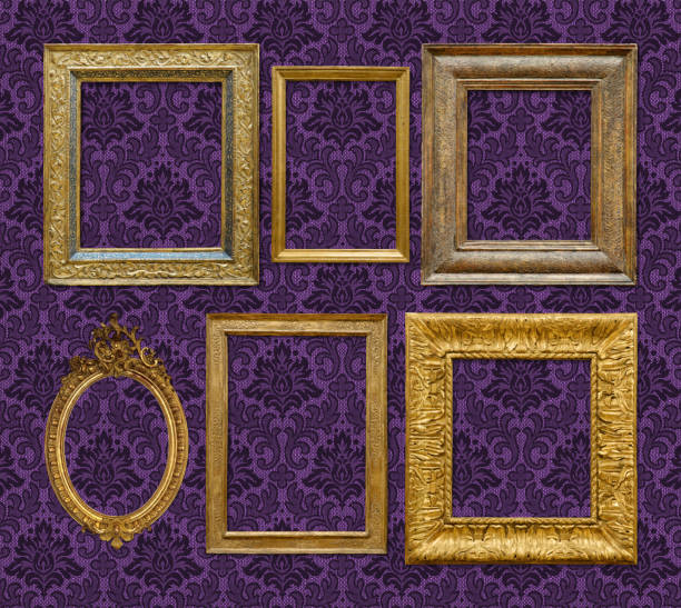 Gold ornate picture frames and pattern wallpaper.  All clipping paths included- frame, in,out...