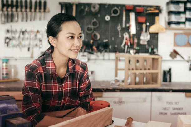 istock Furniture designer at woodworking studio 641366392