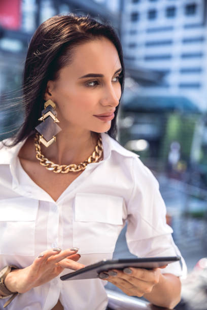 attractive woman african appearance holding face cosmetics charm model. High quality photo