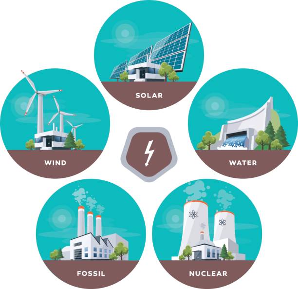 illustrazioni stock, clip art, cartoni animati e icone di tendenza di tipi di centrali elettriche - hydro power