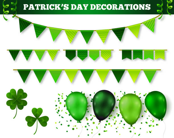 Saint Patrick's Day Decorations Set Saint Patrick's Day 3D Decorations Set Isolated on White. Vector Illustration. Flag Garlands, Balloons in Traditional Colors, Confetti and Serpentine. Three leaf and four leaf clovers. hyde park flowers stock illustrations