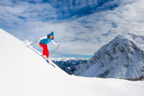 istock Girl in off-piste skiing 641377280