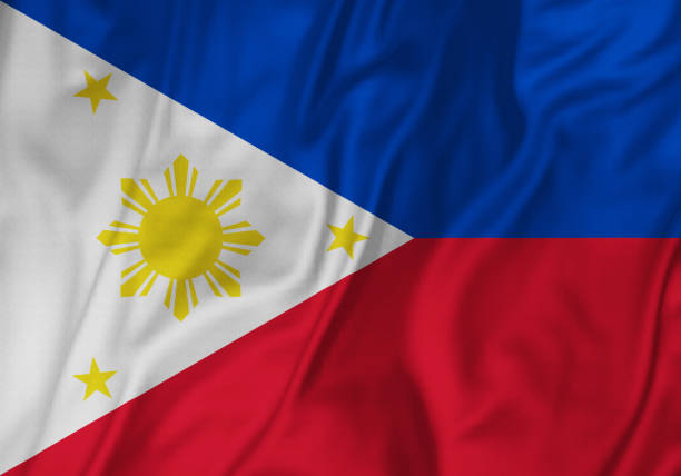istock Closeup of Ruffled Philippines Flag, Philippines Flag Blowing in Wind 641379196