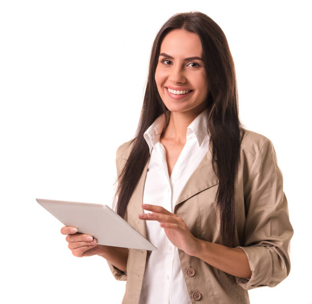 istock Business lady with gadget 641379988