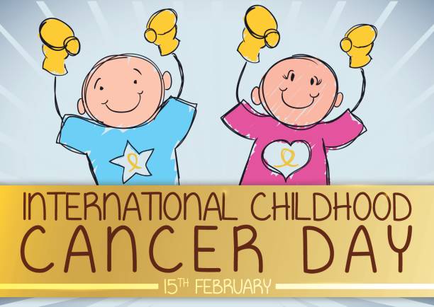 illustrazioni stock, clip art, cartoni animati e icone di tendenza di ragazzo e ragazza carini che commemorano la giornata internazionale del cancro infantile - yellow box