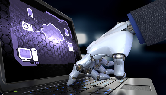 Robot hand working with a Cloud Computing diagram on the laptop screen. 3D illustration