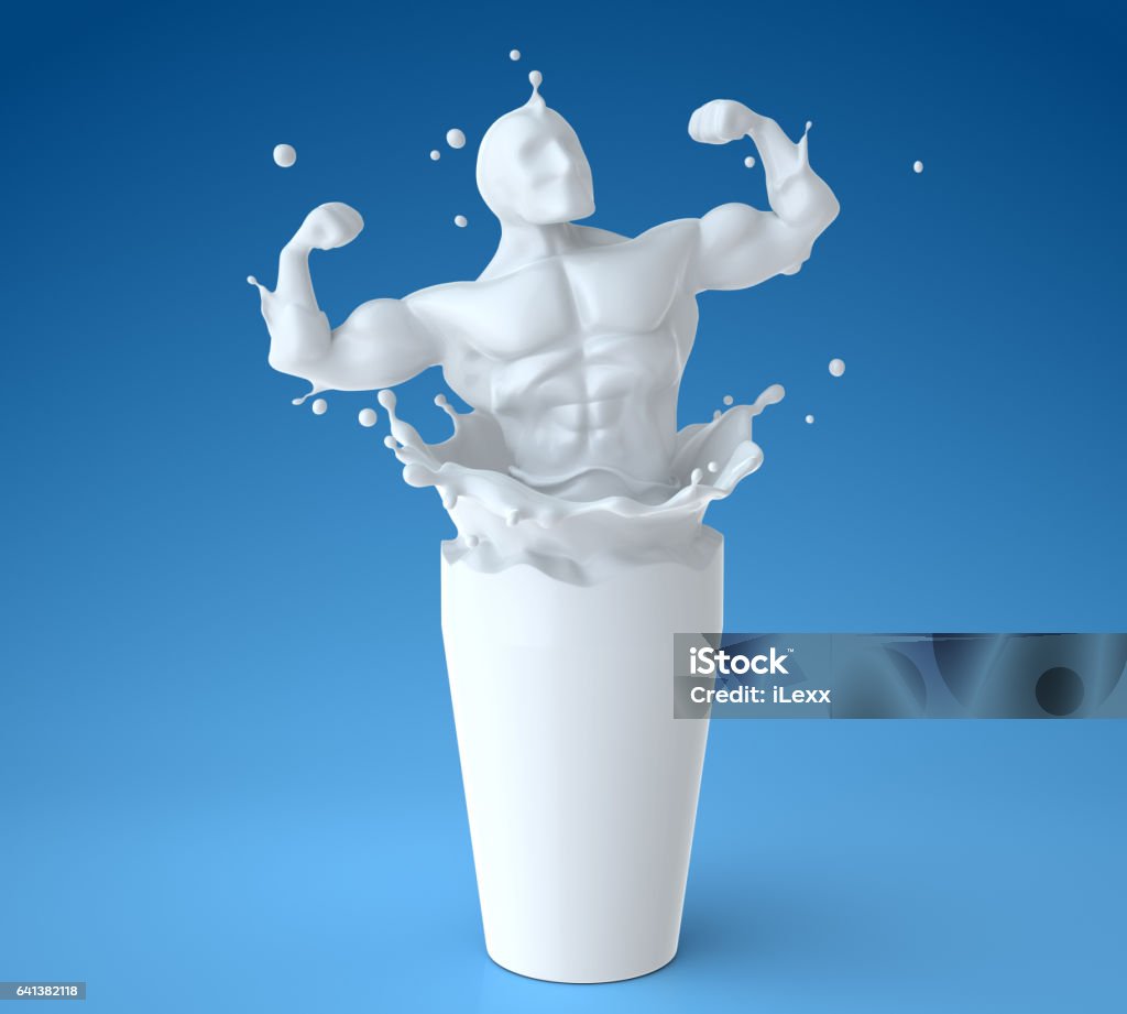 Natural milk means the health Splash of milk in form of athlete body. 3D illustration Milk Stock Photo