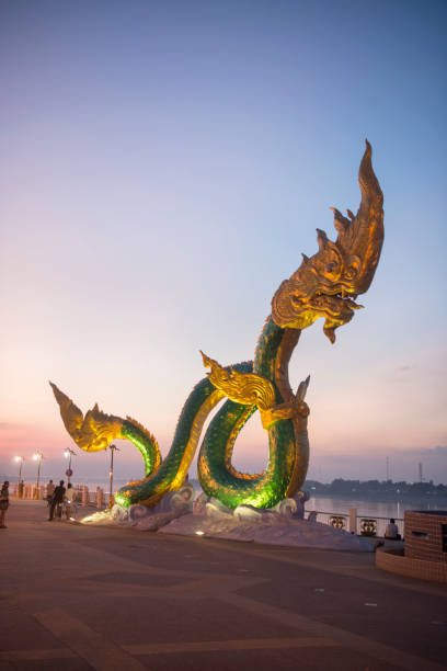 THAILAND ISAN NONG DECLARES MEKONG PHAYANAK a Phayanak or Naga Statue at the mekong river in the town of Nong Khai in Isan in north east Thailand nong khai province stock pictures, royalty-free photos & images
