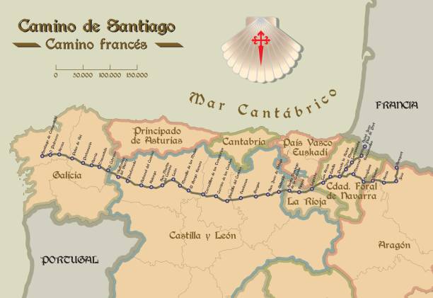 Old style map of Saint James way french route Map of Saint James way with all the stages of french way. Mapa del Camino de Santiago. This map was traced on Nov. 17/2014 completely by hand and treated in Illustrator and specialized SIG software (Qgis, mapublisher, global mapper...) using as reference NASA public domain Hi-res pictures from http://visibleearth.nasa.gov/view.php?id=74092

 saint jean pied de port stock illustrations