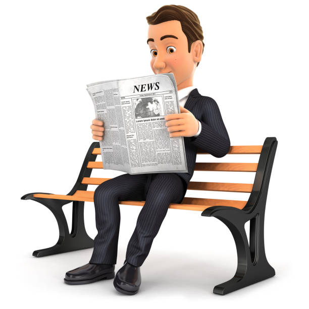 3d businessman reading newspaper on public bench, illustration with isolated white background