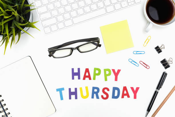 istock Office desk table with happy thursday word 641398470