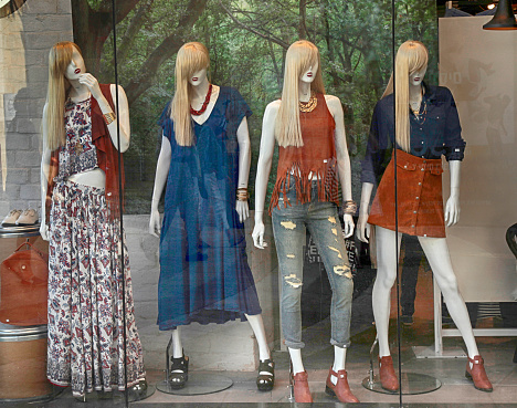 Boutique display window with mannequins in fashionable dresses, Jerusalem, Israel.