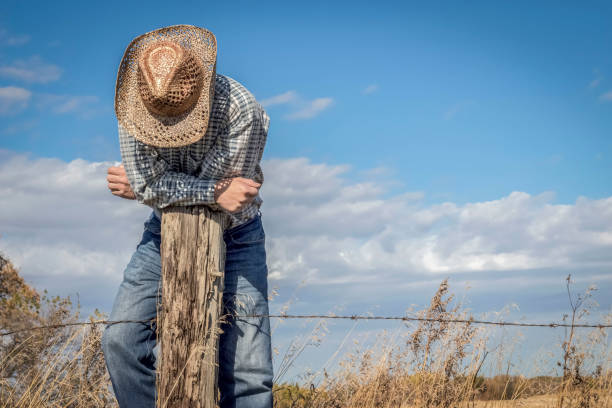 horizontal image of a caucasian cowboy standing on a barbwire fence leaning over a wood post looking down under a bright blue sky in summer time.