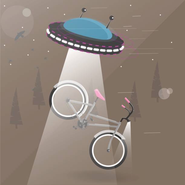 istock Alien flying with lights took the bike. Funny cartoon vector illustration 641407710
