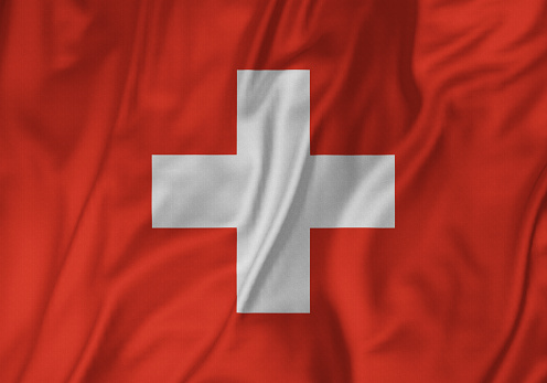 Closeup of Ruffled Switzerland Flag, Switzerland Flag Blowing in Wind