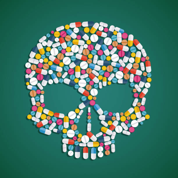 두개골은 약과 정제로 이루어져 있습니다. - pharmacy medicine narcotic nutritional supplement stock illustrations