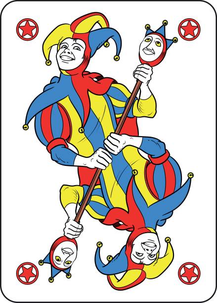 Joker Reversible Reversible Joker displayed inside his playing card. He holds a strange scepter with both his hands and he wears his typical medieval jester costume. Red, yellow, blue and white are the main colours of this illustration. The outline is black and softly modulated. court jester stock illustrations