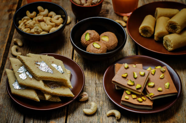 istock Set of Indian sweets. Kaju, Burfi, Sandesh 641414376