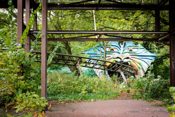Abandoned roller coaster track in former Spreepark Berlin stock photo