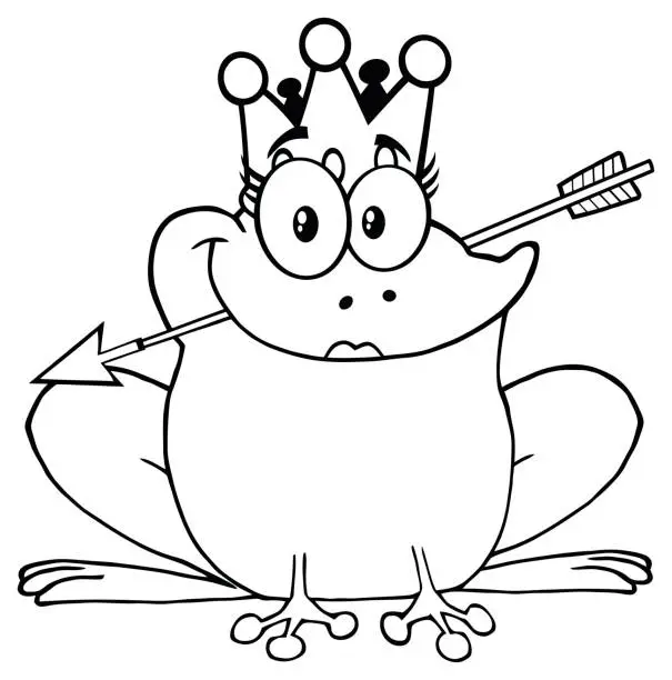 Vector illustration of Black And White Princess Frog Cartoon Mascot Character With Crown And Arrow