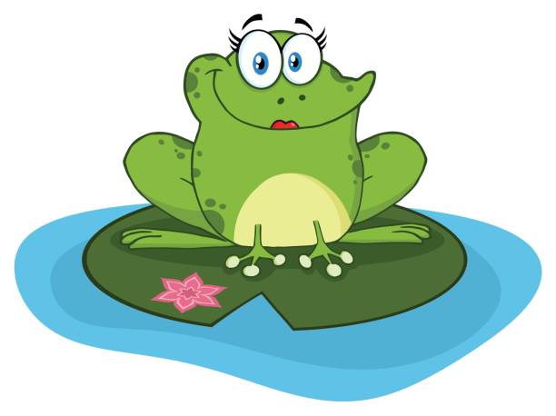 연못에 개구리 여성 만화 마스코트 캐릭터 - frog jumping pond water lily stock illustrations